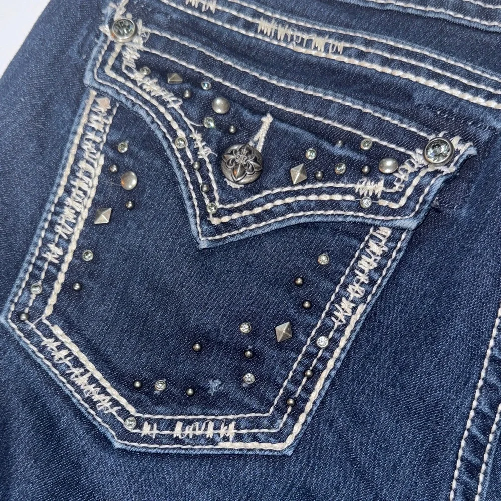 MISS ME Dark Indigo Easy Boot Cut‎ Jeans 29 Bedazzled Dark Blue Denim Rhinestone
